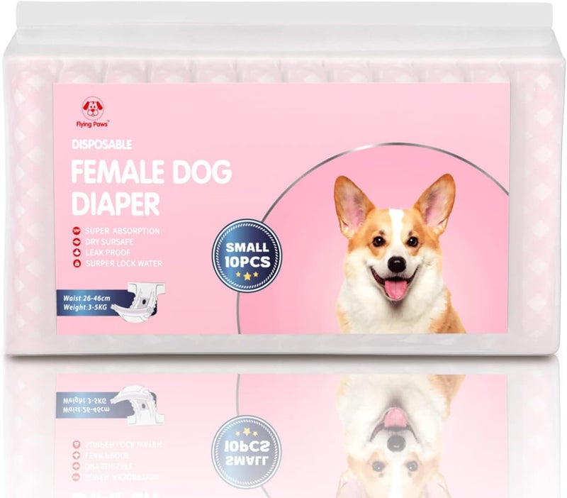Flying Paws Disposable Female Dog Diapers, Puppy Diapers with Adjustable Elastic Waistline for Female Dog or Cat in Heat, Incontinence, Diaper with Wetness Indicator, S-10 Count - Image 2